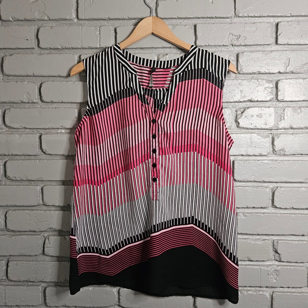 Skye's the Limit Womens Pink Black Striped Sleeveless V-Neck Button Blouse L